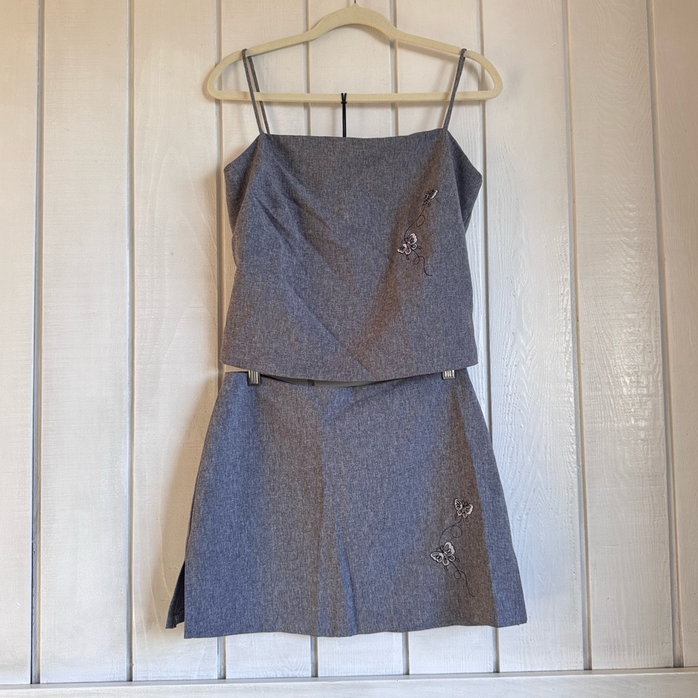 Vintage Butterfly Embroidered Gray Two-Piece Set